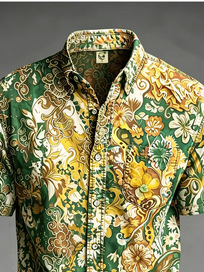 Moisture-Wicking Abstract Gradient Floral Print Chest Pocket Hawaiian Shirt
