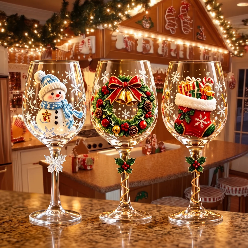 Christmas wine glasses - snowman wreath stocking